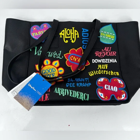 Danielle Nicole Disney It’s a Small World Black Tote with Colorful Patches - Picture 2 of 11